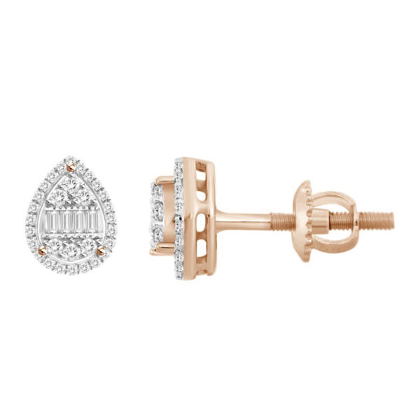 LADIES EARRINGS 0.25CT ROUND/BAGUETTE DIAMOND 10K ROSE GOLD