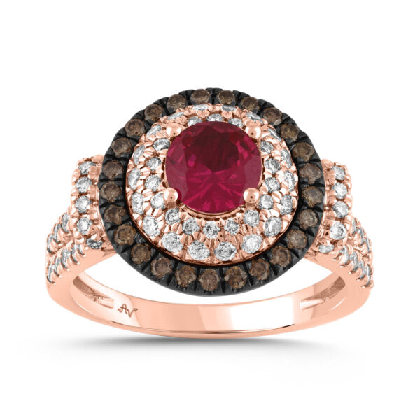 LADIES RING 2.00CT ROUND/DARK BROWN/RUBY DIAMOND 14K ROSE GOLD (CENTER STONE RUBY DIAMOND-1.00CT)