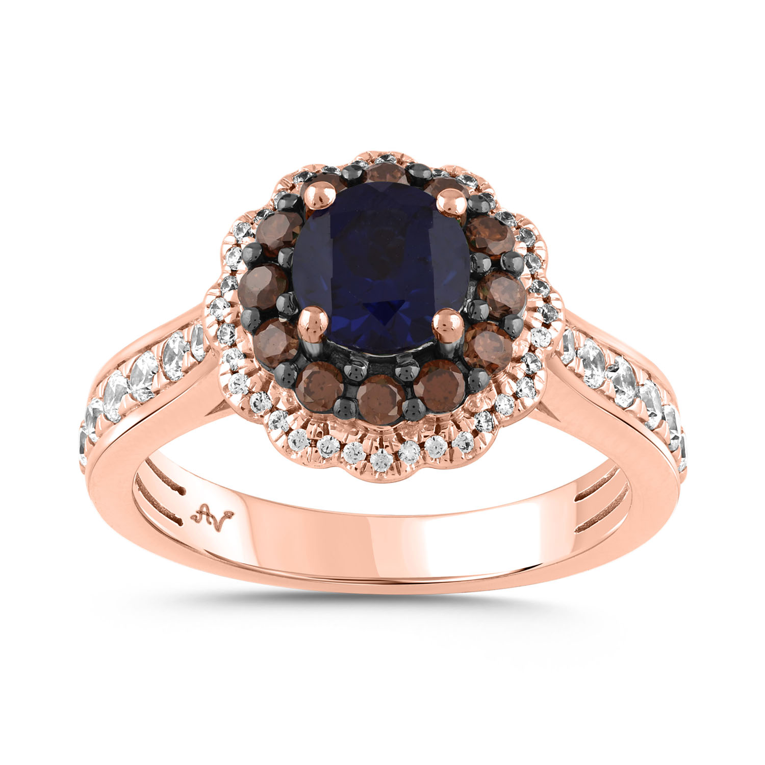 LADIES RING 1.80CT ROUND/SAPPHIRE/DARK BROWN DIAMOND 14K ROSE GOLD (CENTER STONE ROUND SAPPHIRE DIAMOND-1.00CT) - Image 1