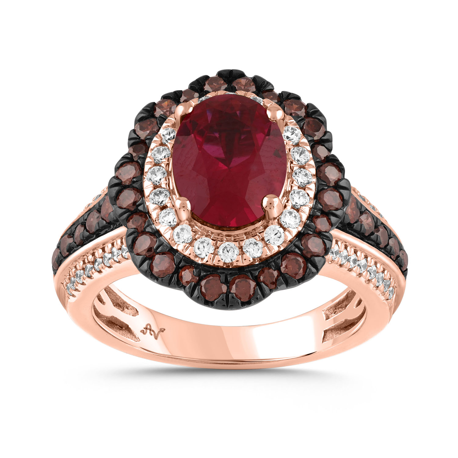 LADIES RING 3.25CT ROUND/DARK BROWN OVAL RUBY DIAMOND 14K ROSE GOLD (CENTER STONE RUBY DIAMOND-2.00CT) - Image 1