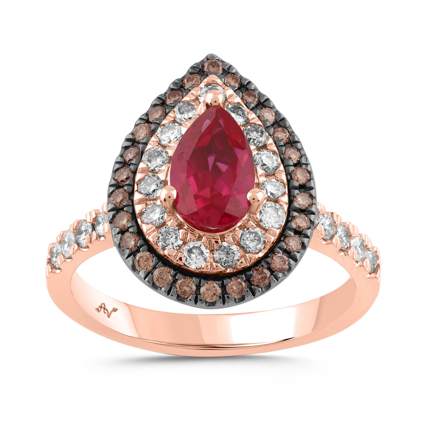 LADIES RING 2.25CT ROUND/DARK BROWN/PEAR/RUBY DIAMOND 14K ROSE GOLD (CENTER STONE RUBY DIAMOND-1.50CT) - Image 1