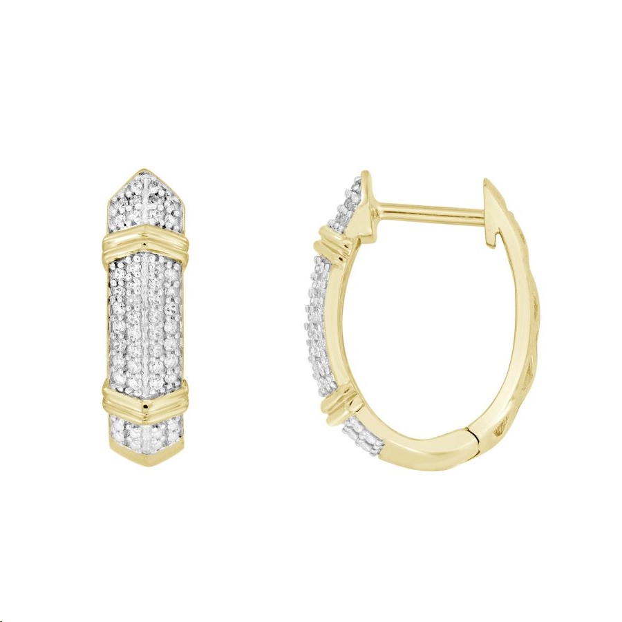 LADIES HOOPS EARRINGS 0.16CT ROUND DIAMOND 10K YELLOW GOLD - Image 1