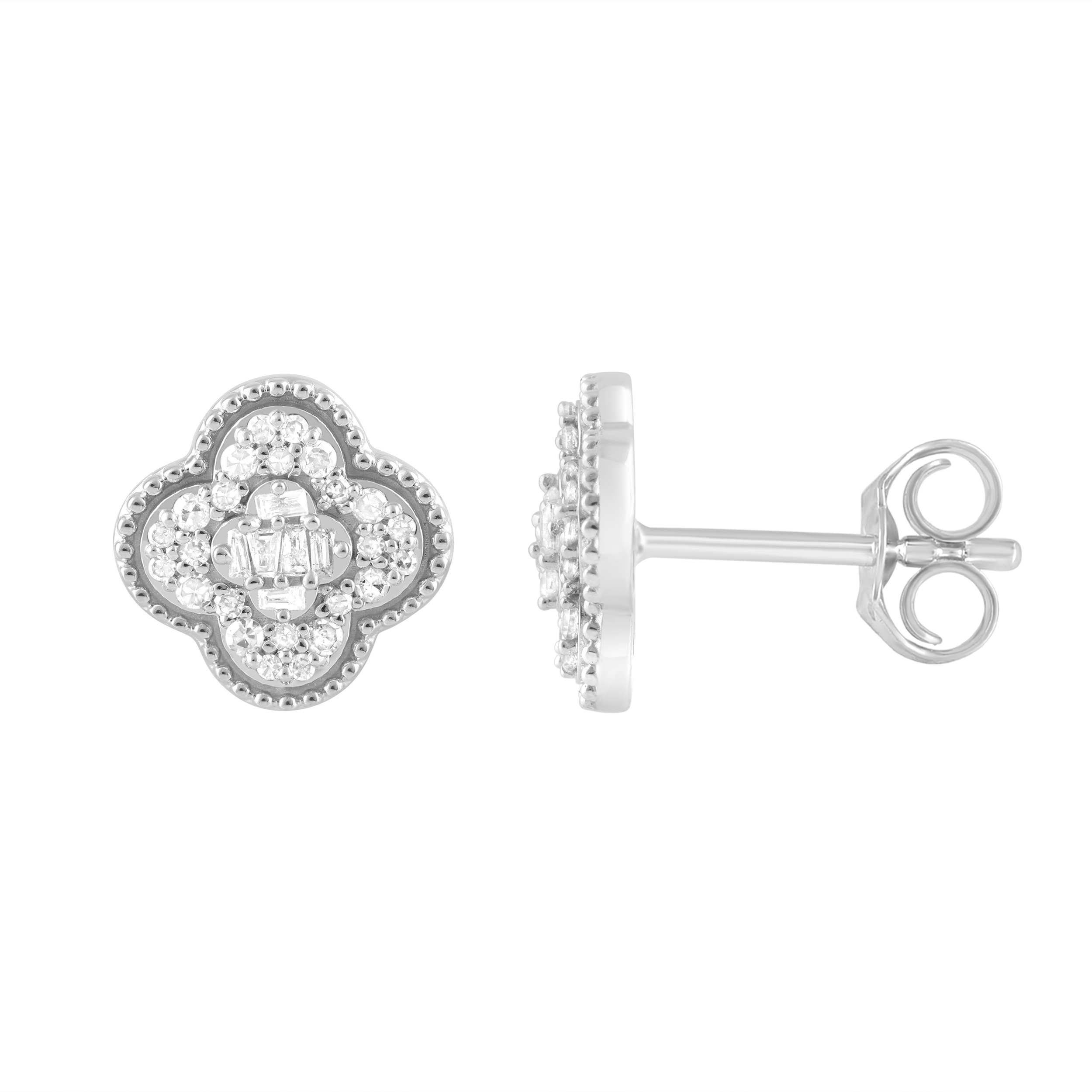 LADIES EARRINGS 0.25CT ROUND/BAGUETTE DIAMOND 10K WHITE GOLD - Image 1