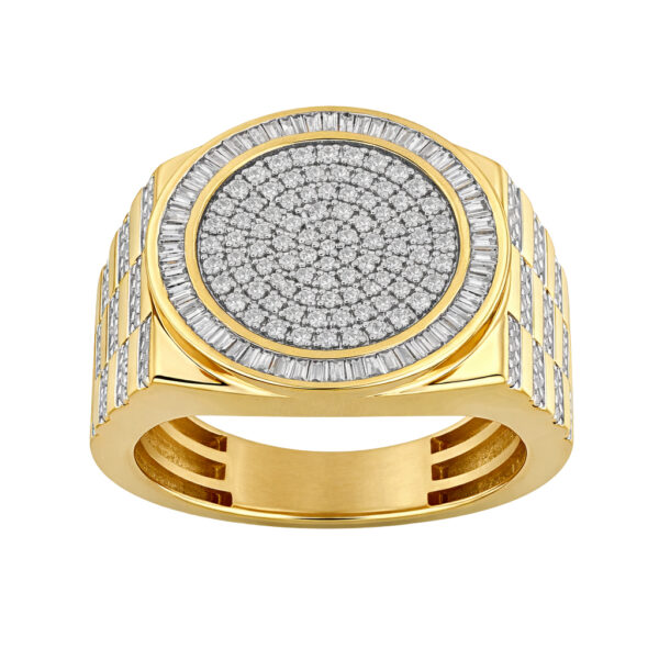 Men�S 1.00Ct Round Diamond Cluster Ring In 10K Yellow Gold With Baguette Halo Ring