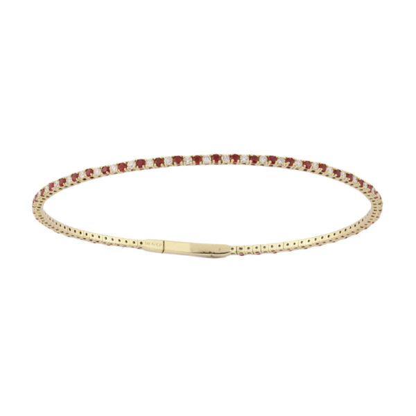 1.75Ct  Ruby And Round Diamond Tennis Bangle 14K Yellow Gold Flexible Bangle For Women