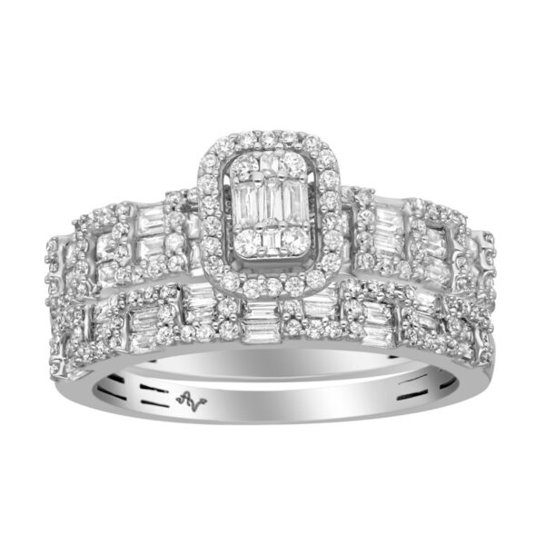 14K White Gold Diamond Bridal Set 1.00CT Round & Baguette Cluster Engagement Ring & Wedding Band