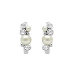 Elegant Ladies Hoop Earrings � 0.20Ct Round Diamonds With Pearl Cluster, 14K White Gold