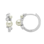 Elegant Ladies Hoop Earrings � 0.20Ct Round Diamonds With Pearl Cluster, 14K White Gold - Image 2