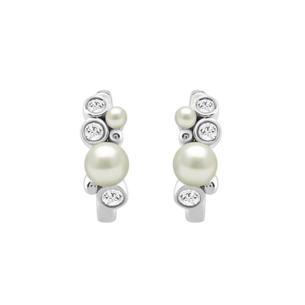 Elegant Ladies Hoop Earrings � 0.20Ct Round Diamonds With Pearl Cluster, 14K White Gold