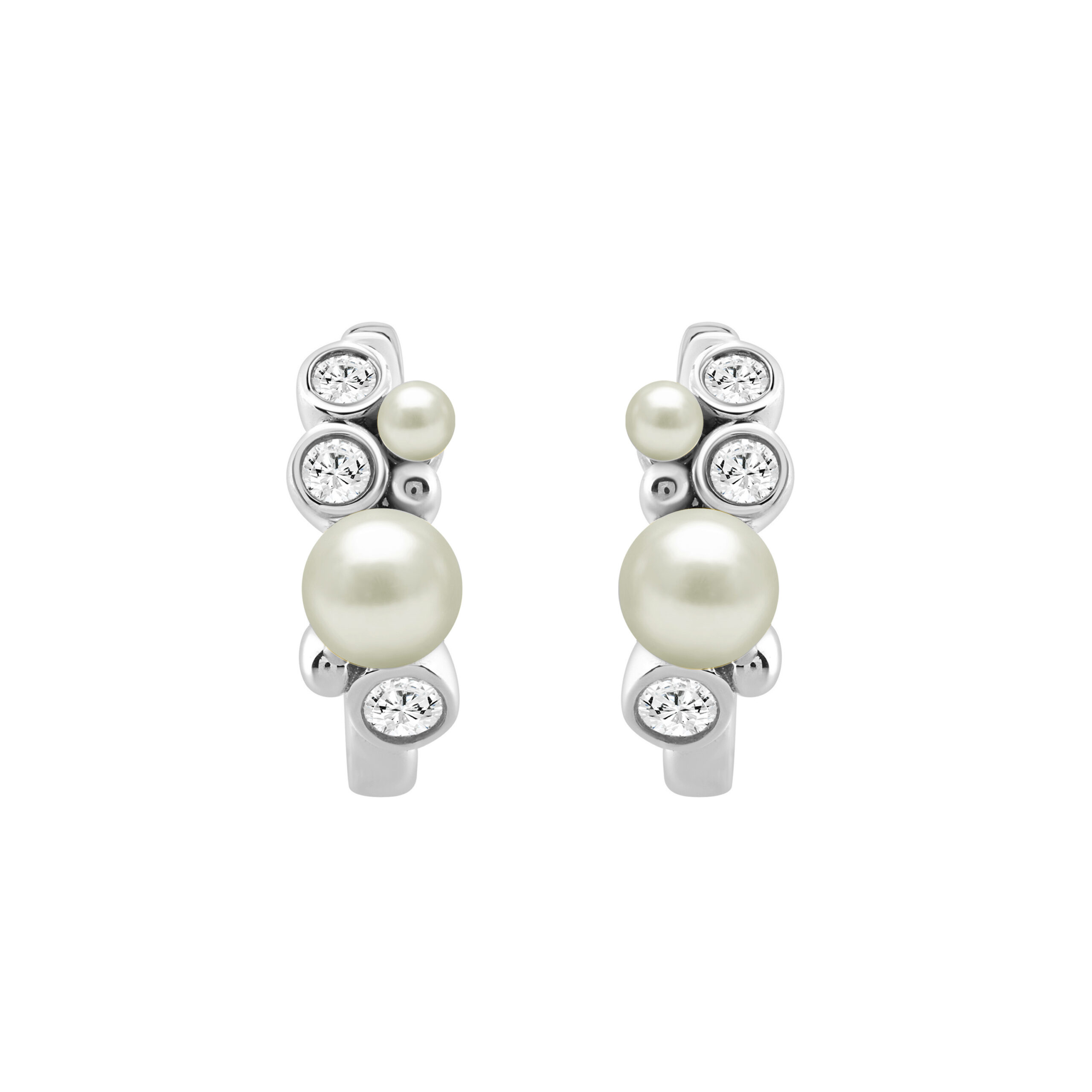 Elegant Ladies Hoop Earrings � 0.20Ct Round Diamonds With Pearl Cluster, 14K White Gold - Image 1