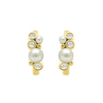 Elegant Ladies Hoop Earrings � 0.20Ct Round Diamonds With Pearl Cluster, 14K Yellow  Gold