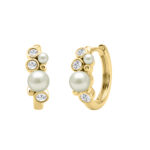 Elegant Ladies Hoop Earrings � 0.20Ct Round Diamonds With Pearl Cluster, 14K Yellow  Gold - Image 3