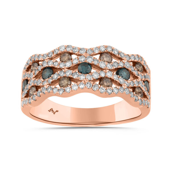 14K Rose Gold 1.00Ct Round Blue & Dark Brown Diamond Ladies Band Multi Color Fine Jewelry