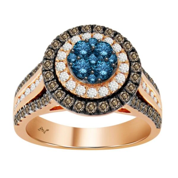 14K Rose Gold Multi Color Diamond Halo Ring 1.50Ct Blue, Dark Brown & Round Diamond Ladies Ring