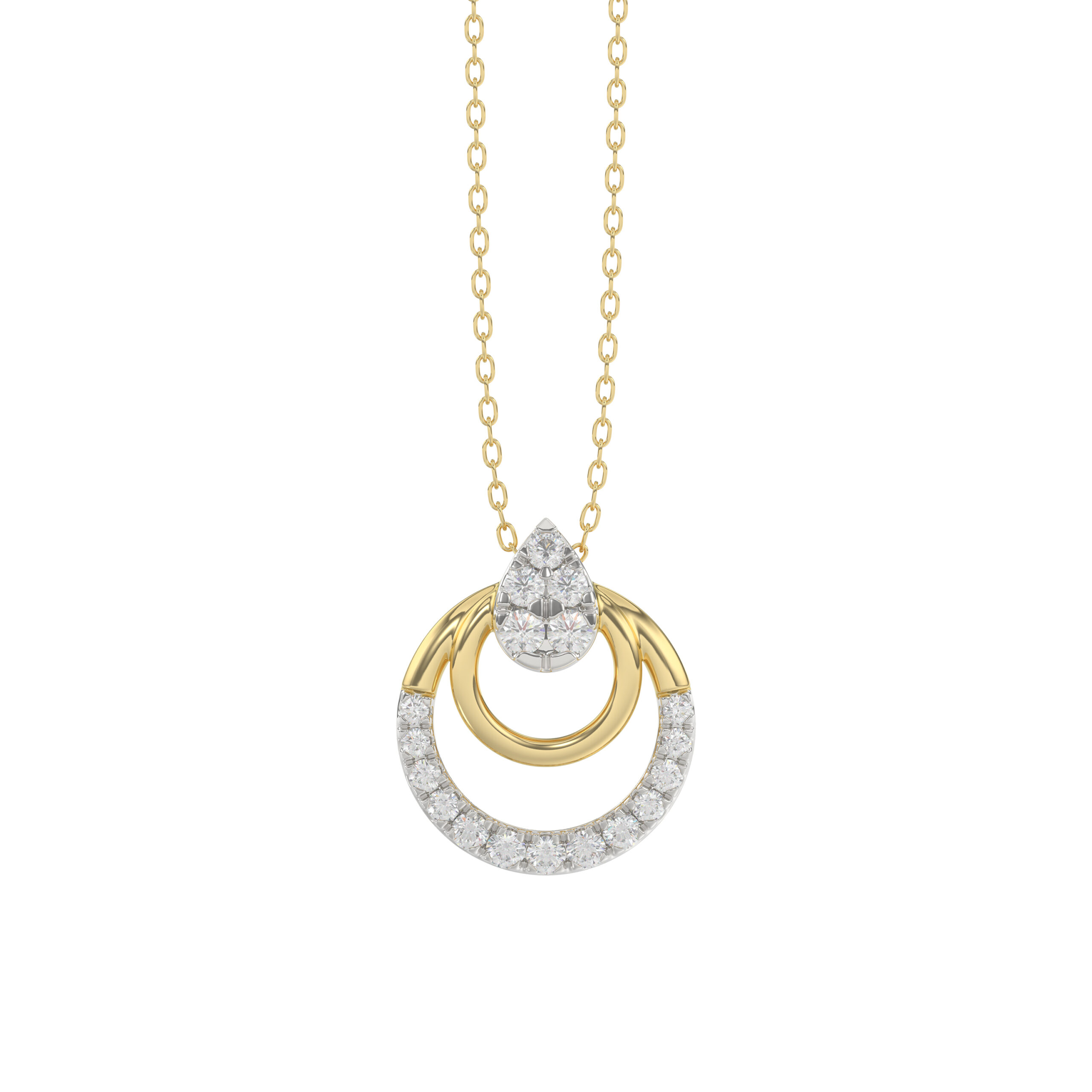 Beautiful 10K Yellow Gold Ladies Pendant With Double Circle Design And Sparkling 0.13 Ct Round Diamonds. Includes Chain. - Image 1