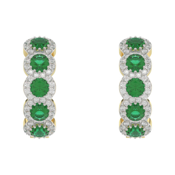 14K Yellow Gold 3.62Ct Emerald And Round Diamond Hoop Earrings For Women. A Refined Luxury Jewelry Design Perfect For Gifting Or Special Events.