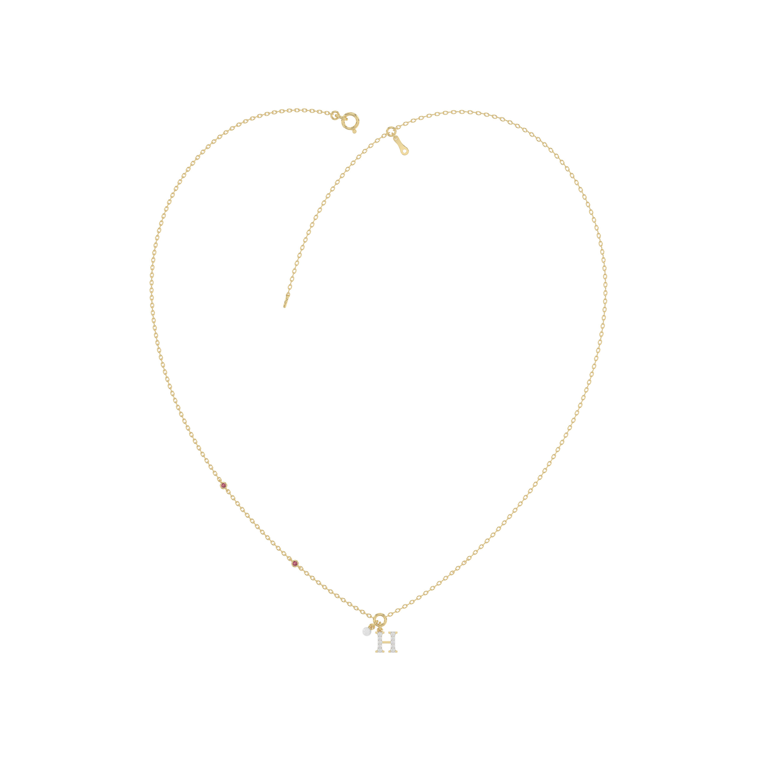 Stylish 10K Yellow Gold Ladies “H” Letter Necklace Featuring Round Ruby Diamonds And Pearl Accents. A Delicate And Personalized Fine Jewelry - Image 1