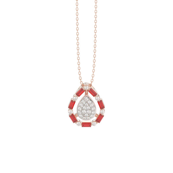 Elegant 14K Rose Gold Ladies Pendant Featuring Ruby And Diamond Accents With Round And Baguette Cut 0.50 Ct. Includes Chain For A Complete Look.