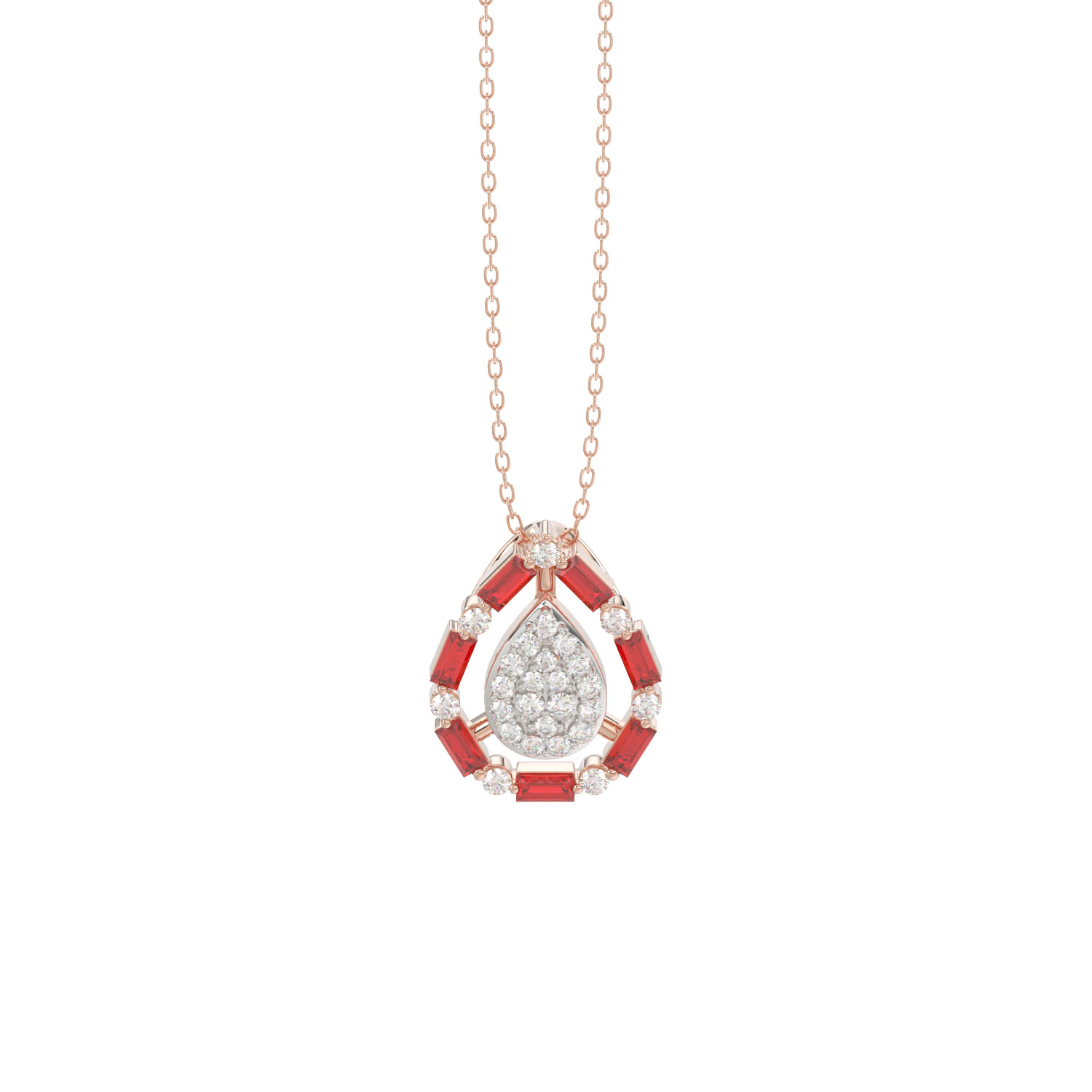 Elegant 14K Rose Gold Ladies Pendant Featuring Ruby And Diamond Accents With Round And Baguette Cut 0.50 Ct. Includes Chain For A Complete Look. - Image 1