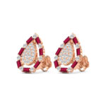 Elegant 14K Rose Gold Ladies Earrings Featuring Ruby And Diamond Accents With Round And Baguette Cuts 0.88Ct. A Luxurious Fine Jewelry Design. - Image 3