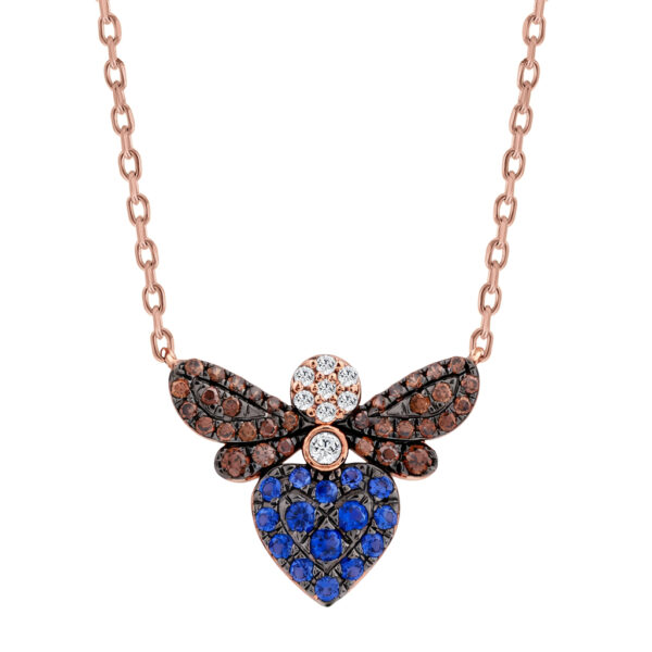 14K Rose Gold Ladies Butterfly Pendant With Colorful Diamond Accents In Blue, Dark Brown, And Round Cuts. A Stylish 0.33 Ct Jewelry Necklace With Chai