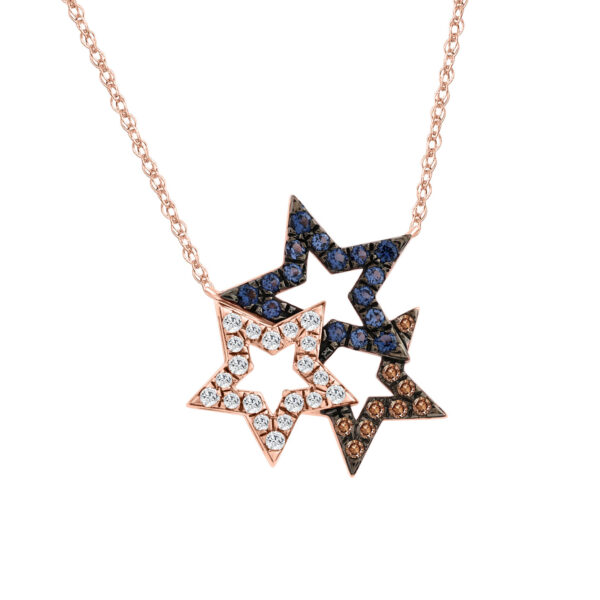 Stylish 14K Rose Gold 0.25Ct Three-Star Necklace Featuring Round, Blue, And Dark Brown Diamonds. A Delicate And Meaningful Ladies Jewelry Piece With C