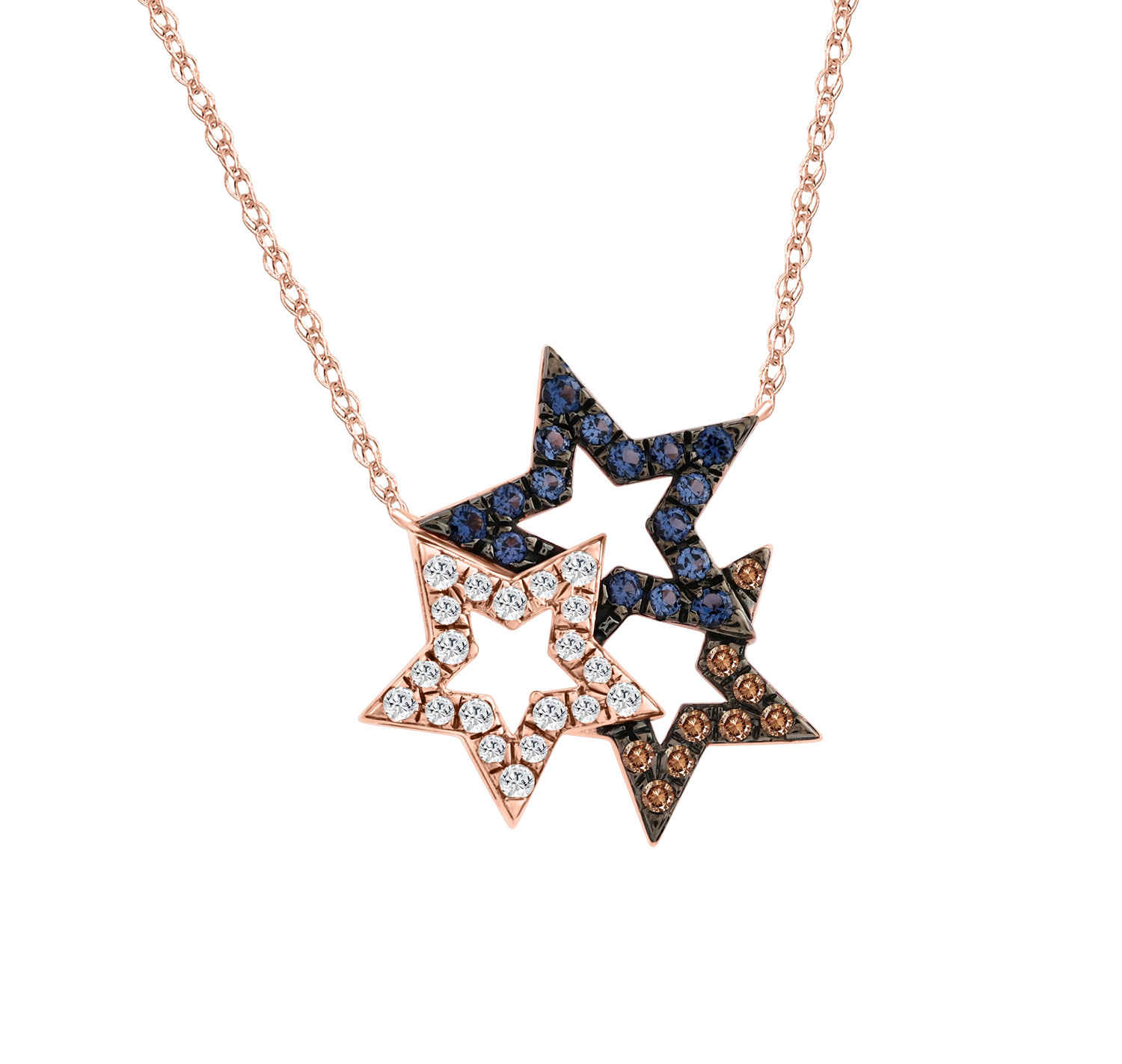 Stylish 14K Rose Gold 0.25Ct Three-Star Necklace Featuring Round, Blue, And Dark Brown Diamonds. A Delicate And Meaningful Ladies Jewelry Piece With C - Image 1
