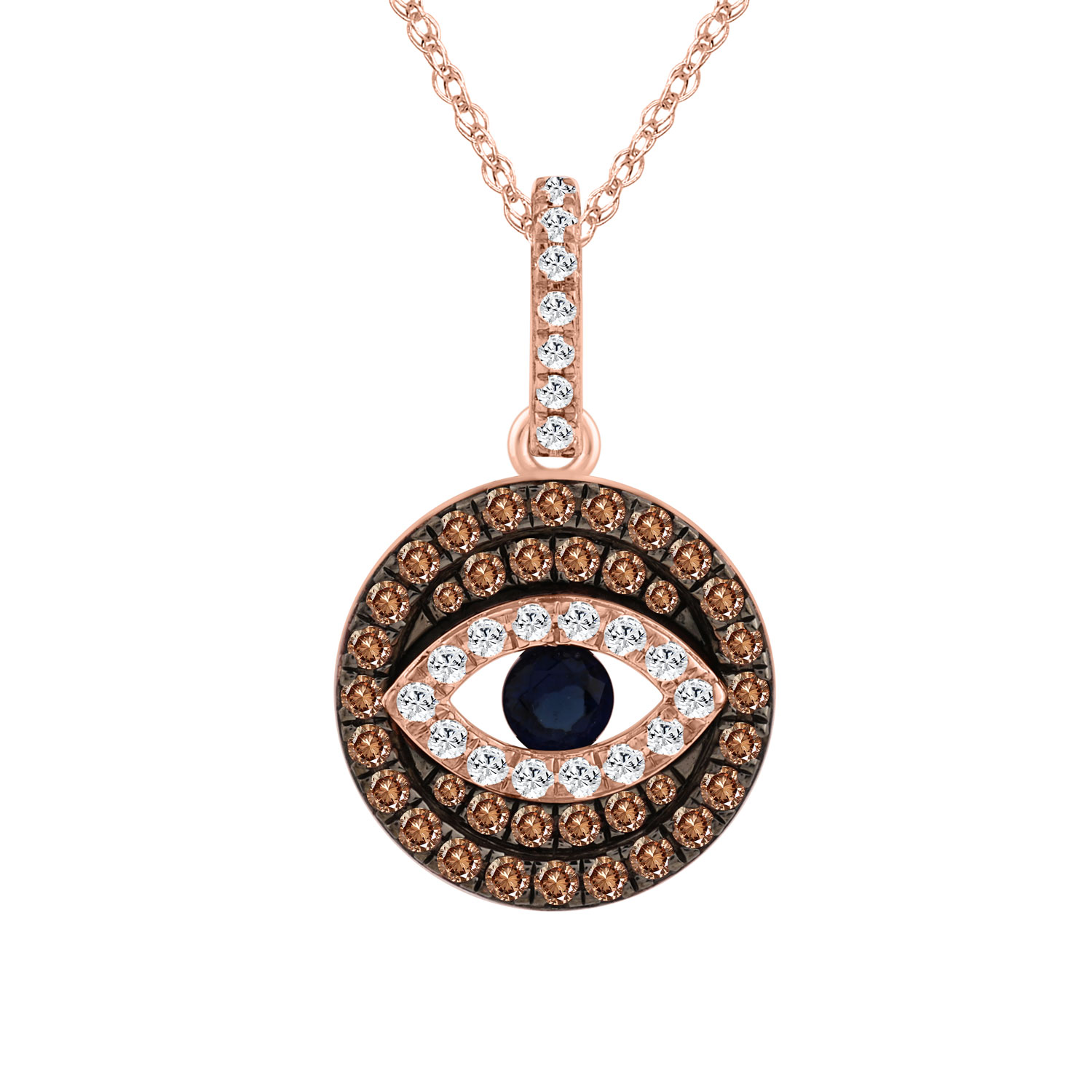 Elegant 14K Rose Gold Evil Eye Pendant For Women Featuring 0.50 Ct Round, Dark Brown, And Blue Diamonds. Includes Chain For A Complete Look. - Image 1