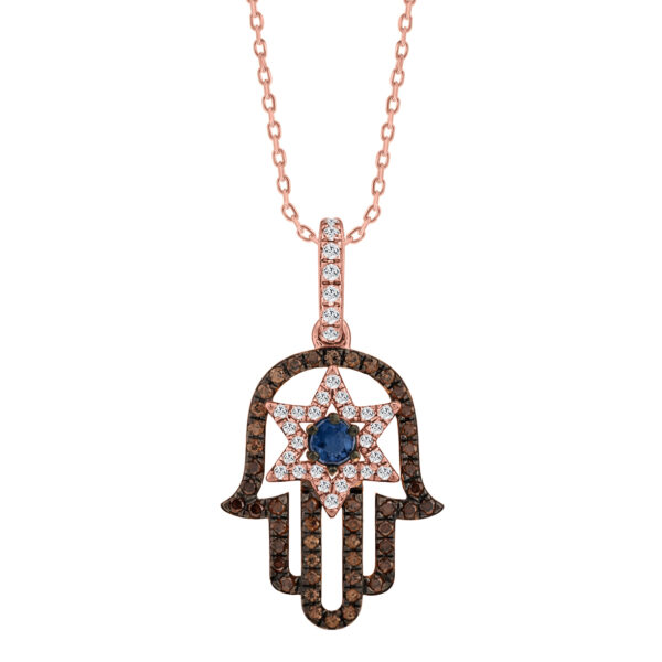 Elegant 14K Rose Gold Hamsa Hand Pendant For Women Featuring 0.50 Ct Round, Dark Brown, And Blue Diamonds. Includes Chain For A Complete Luxury Look.