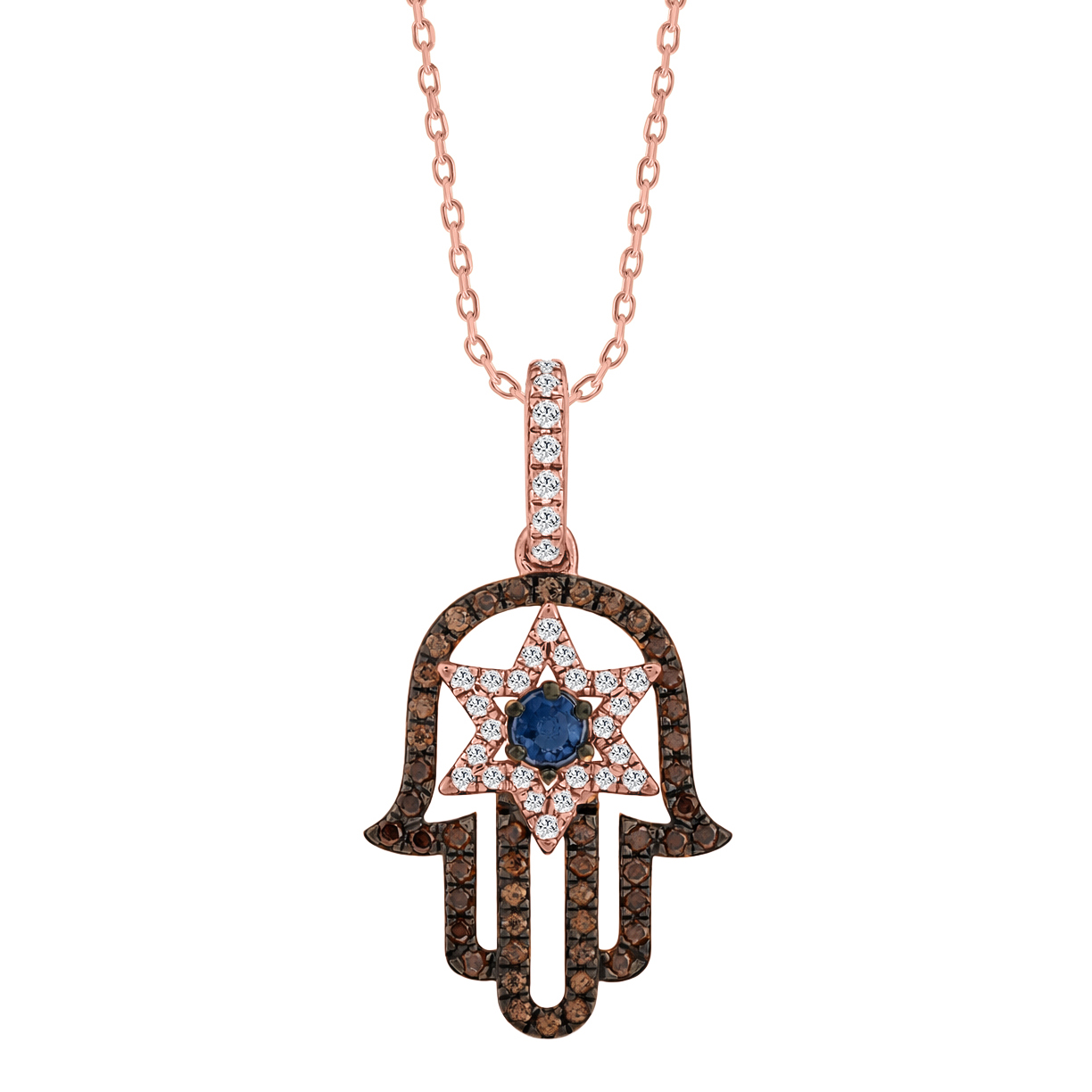 Elegant 14K Rose Gold Hamsa Hand Pendant For Women Featuring 0.50 Ct Round, Dark Brown, And Blue Diamonds. Includes Chain For A Complete Luxury Look. - Image 1