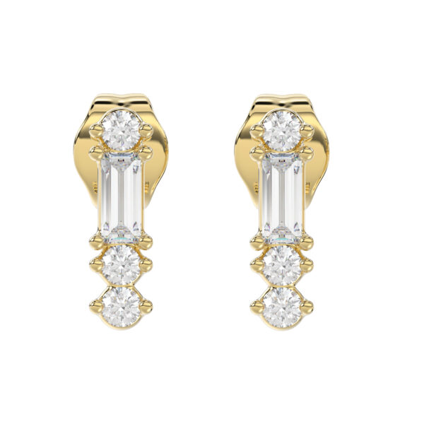 10K Yellow Gold 0.10Ct Diamond Earring Featuring Round And Baguette Accents. A Simple Yet Sophisticated Ladies Fine Jewelry