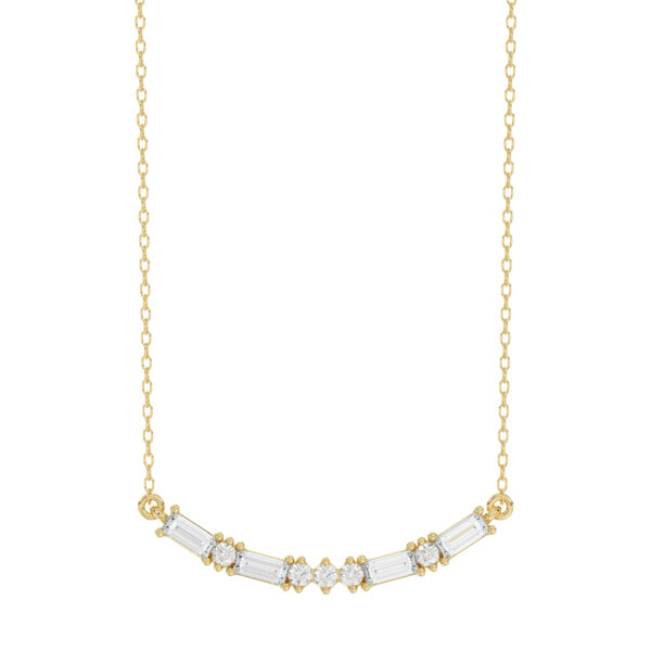 Luxury 10K Yellow Gold Ladies Necklace With Sparkling Round And Baguette Diamonds. A Refined 0.15 Ct Jewelry Design For Her.