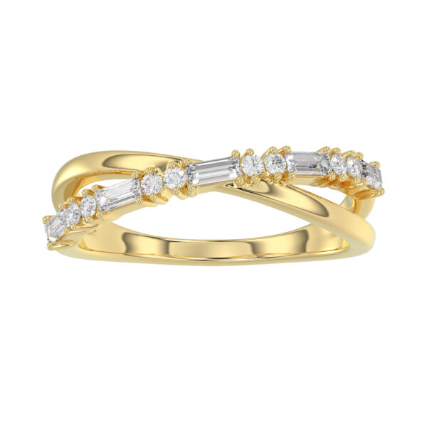 Elegant 10K Yellow Gold Ladies Crossover Ring Featuring Alternating Round And Baguette Diamonds 0.20 Ct. A Modern Fine Jewelry Design For Women.