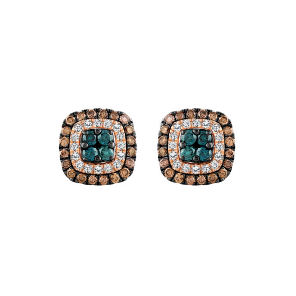 LADIES EARRINGS 1.00CT ROUND/DARK BROWN/BLUE DIAMOND 14K ROSE GOLD