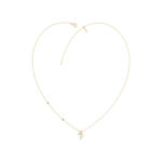 Stylish 10K Yellow Gold Ladies “F” Letter Necklace Featuring Round Ruby Diamonds And Pearl Accents. A Delicate And Personalized Fine Jewelry