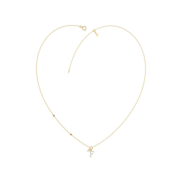 Stylish 10K Yellow Gold Ladies “F” Letter Necklace Featuring Round Ruby Diamonds And Pearl Accents. A Delicate And Personalized Fine Jewelry