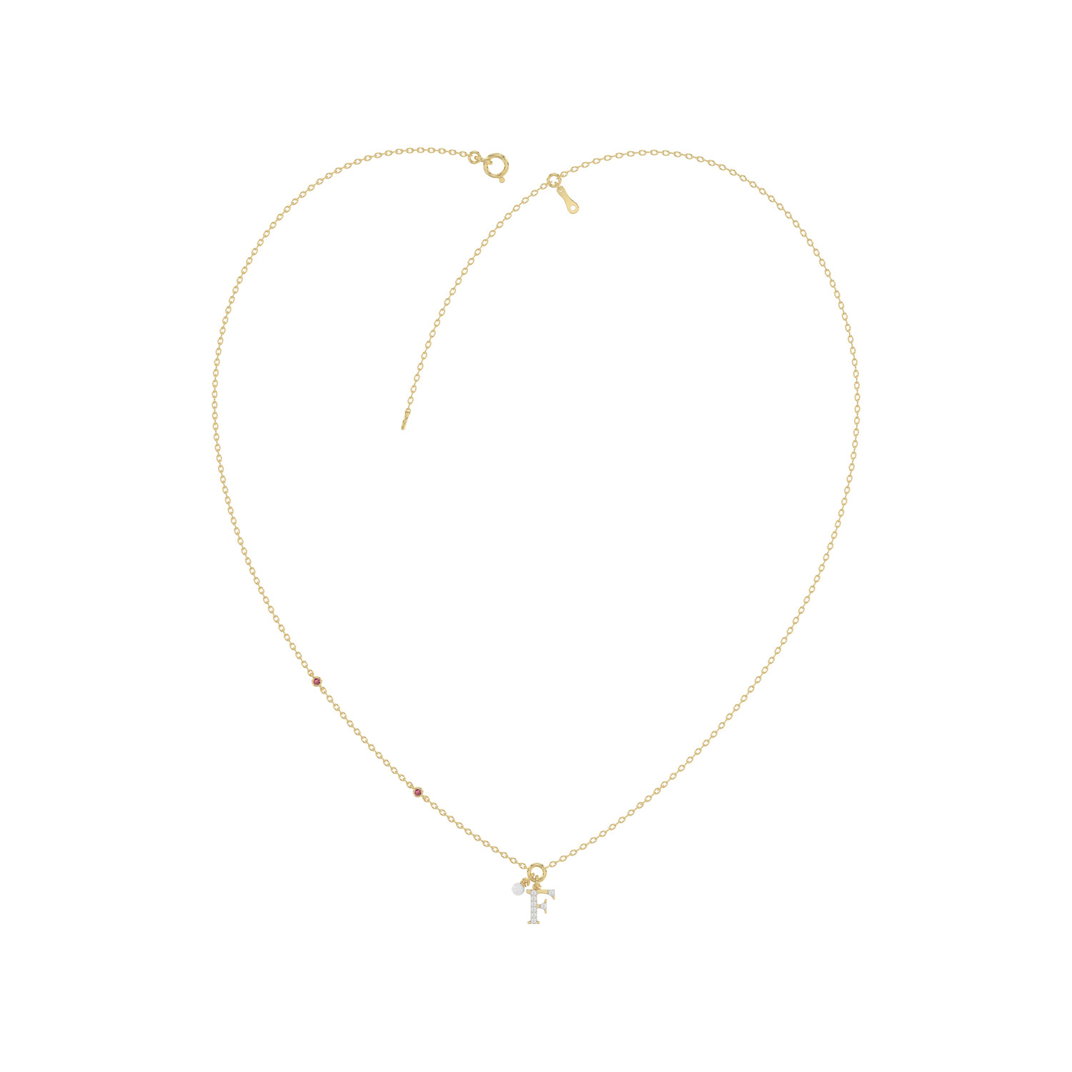 Stylish 10K Yellow Gold Ladies “F” Letter Necklace Featuring Round Ruby Diamonds And Pearl Accents. A Delicate And Personalized Fine Jewelry - Image 1