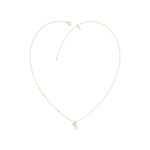 Stylish 10K Yellow Gold Ladies “R” Letter Necklace Featuring Round Ruby Diamonds And Pearl Accents. A Delicate And Personalized Fine Jewelry