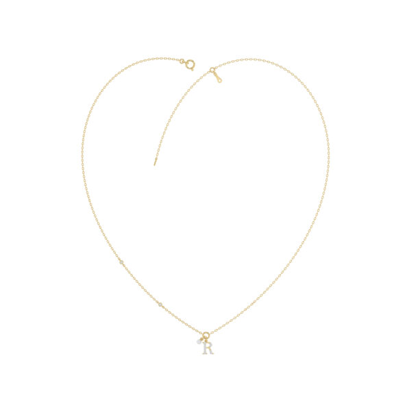 Stylish 10K Yellow Gold Ladies “R” Letter Necklace Featuring Round Ruby Diamonds And Pearl Accents. A Delicate And Personalized Fine Jewelry