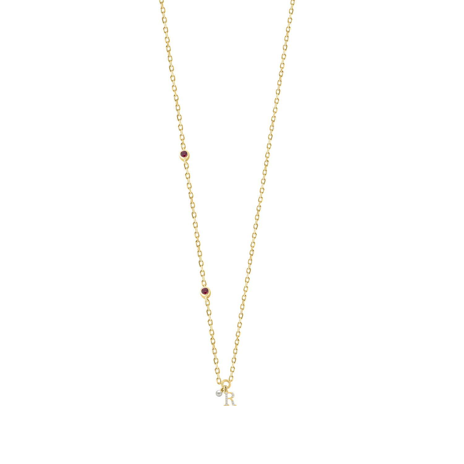 Stylish 10K Yellow Gold Ladies “R” Letter Necklace Featuring Round Ruby Diamonds And Pearl Accents. A Delicate And Personalized Fine Jewelry - Image 1