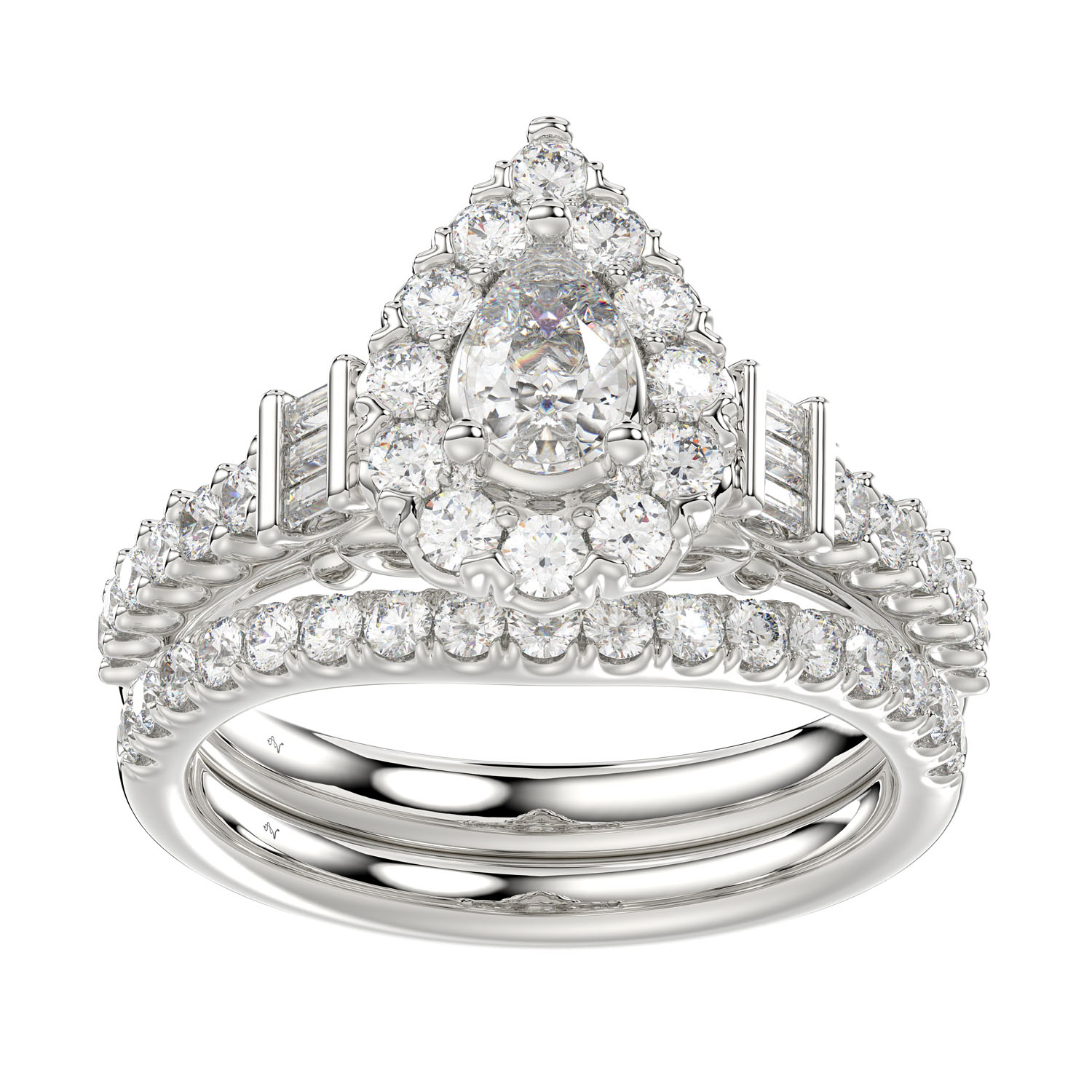 LADIES BRIDAL SET 1.50CT ROUND/BAGUETTE DIAMOND 14K WHITE GOLD (SI QUALITY) (CENTER STONE 0.50CT PEAR DIAMOND) - Image 1