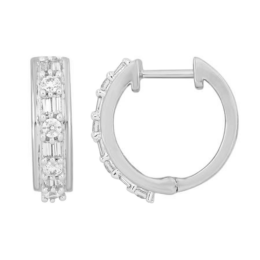 LADIES HOOP EARRINGS 0.40CT ROUND/BAGUETTE DIAMOND 10K WHITE GOLD - Image 1