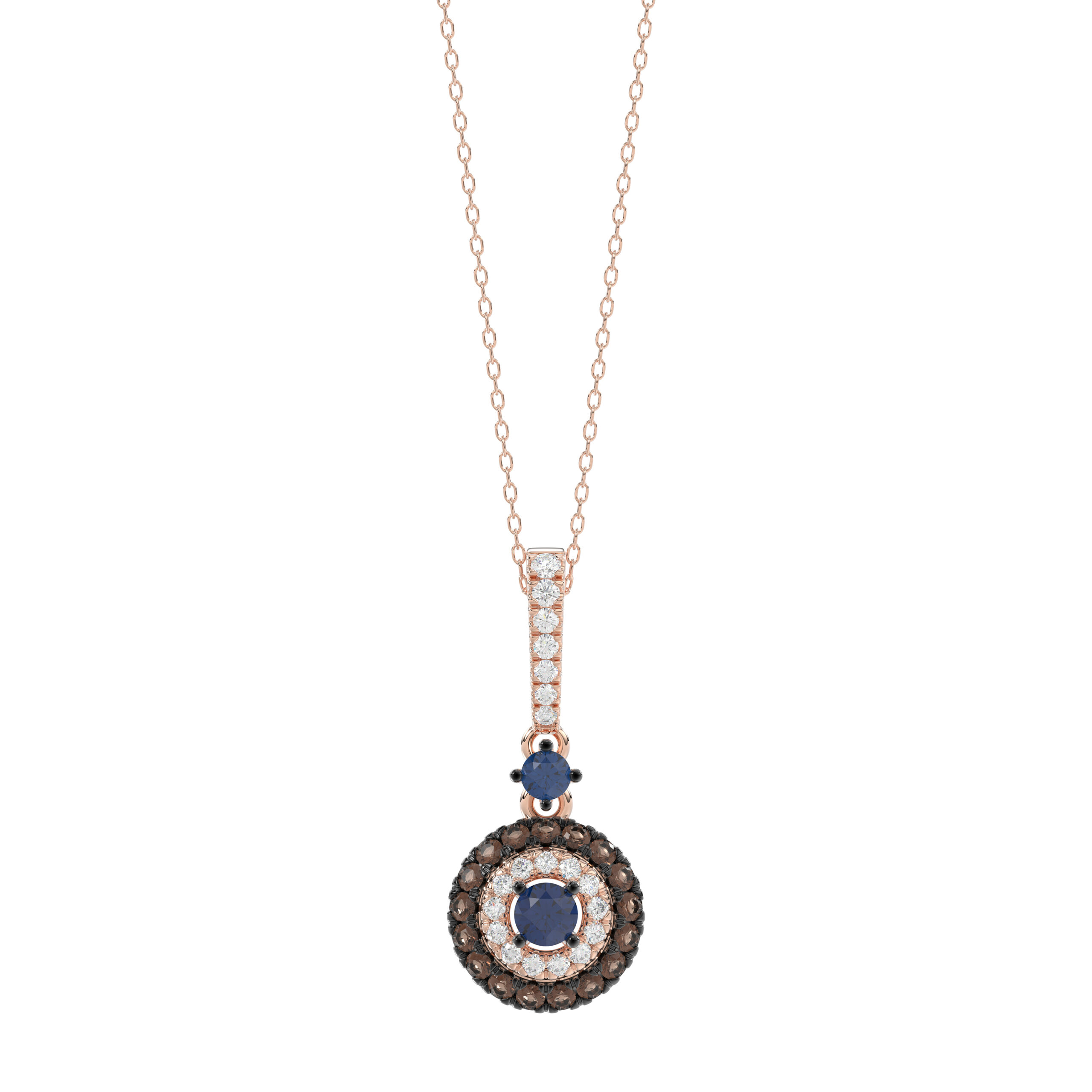 Luxury 14K Rose Gold Ladies Pendant With Chain Featuring Blue And Dark Brown & Round Diamonds. 0.50 Ct Elegant Jewelry Piece Perfect For Gifting. - Image 1