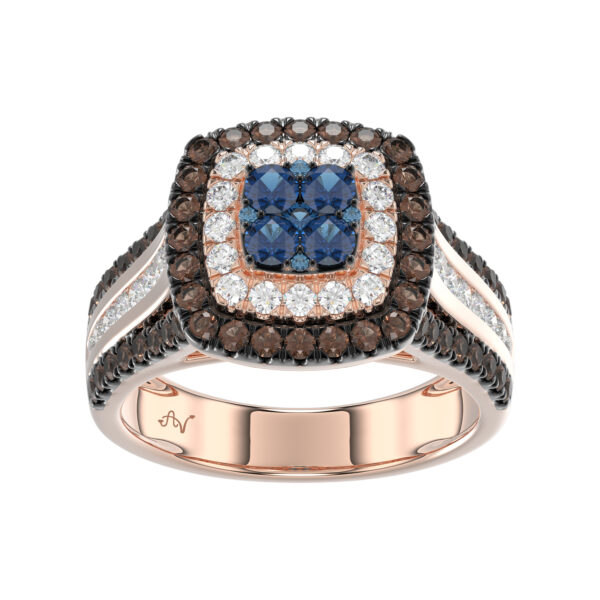 Bold And Elegant 14K Rose Gold Ladies Ring Featuring 1.50Ct Round Diamonds In Blue, Dark Brown , And White Tones. A Striking Multi-Stone Design Perfec