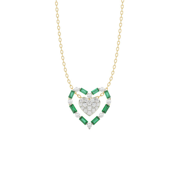 LADIES PENDANT 0.35CT ROUND/GREEN EMERALD BAGUETTE DIAMOND 14K YELLOW GOLD