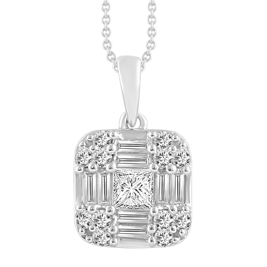 LADIES PENDANT WITH CHAIN 0.50CT ROUND/PRINCESS/BAGUETTE DIAMOND 14K WHITE GOLD - Image 1