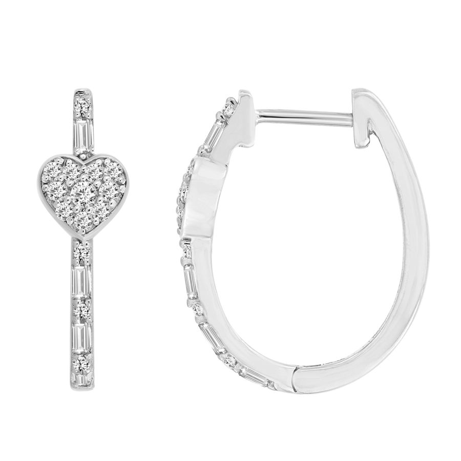 LADIES HOOP EARRINGS 0.33CT ROUND/BAGUETTE DIAMOND 14K YELLOW GOLD (SI QUALITY) - Image 1