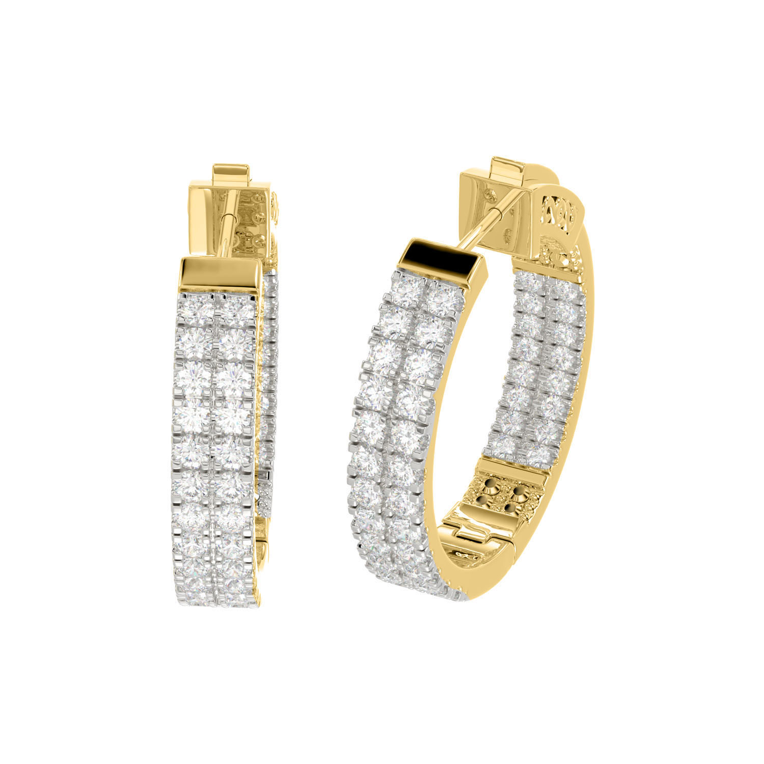 LADIES HOOPS EARRING 3.00CT ROUND DIAMOND 14K YELLOW GOLD IN OUT - Image 1