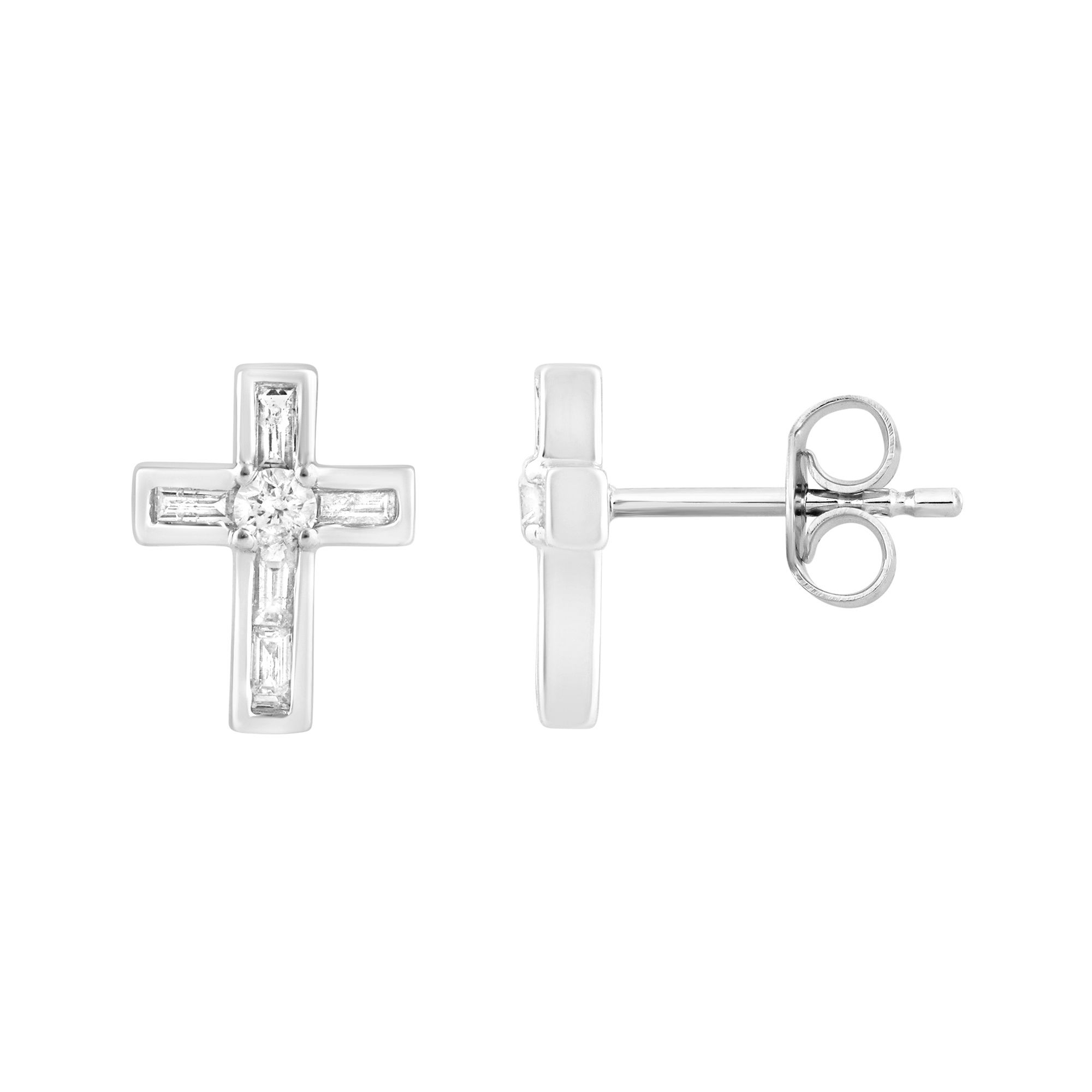 Sterling Silver Ladies 0.25CT Round & Baguette Diamond Cross Fashion Earrings Elegant Jewelry - Image 1