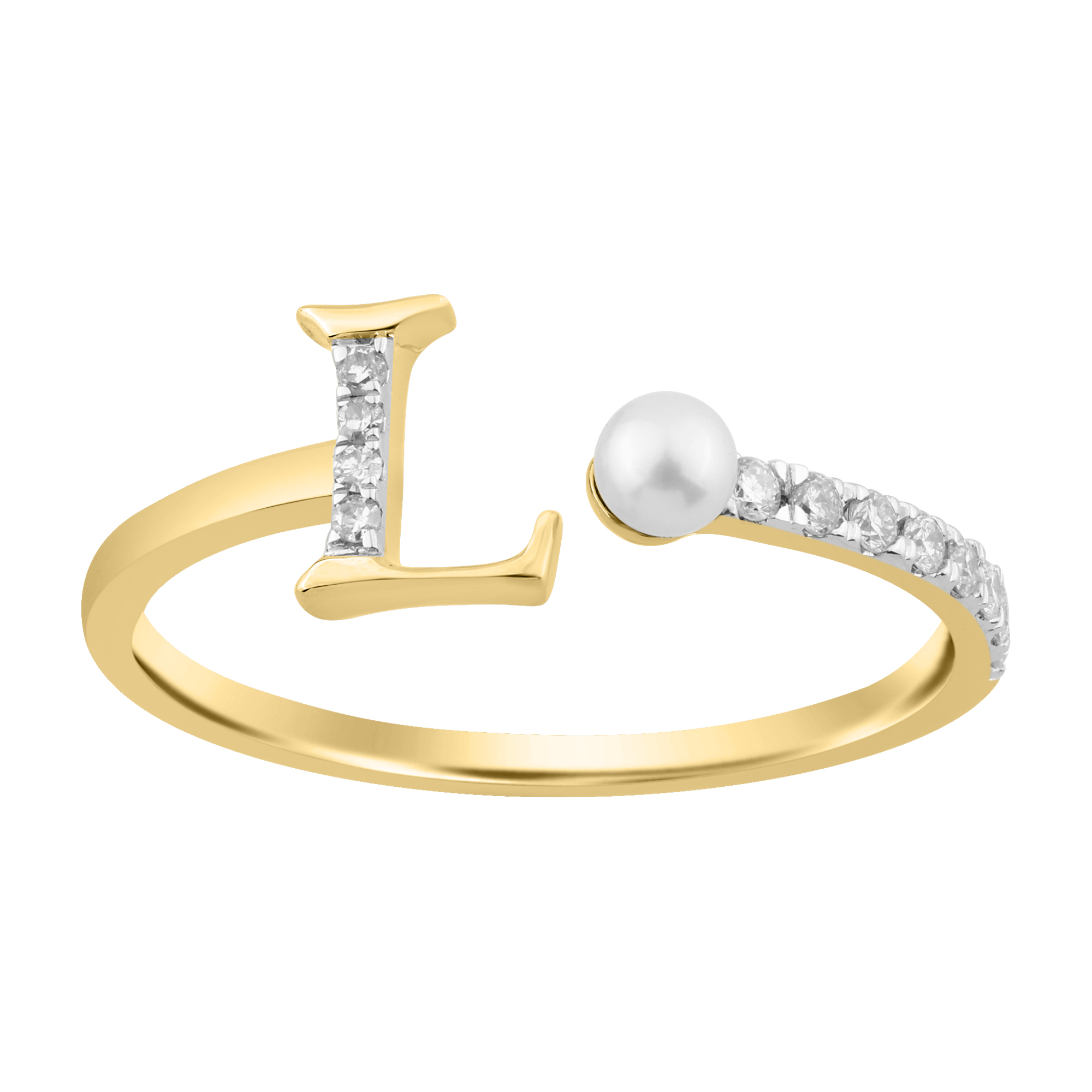 10K Yellow Gold Ladies 0.10CT Round Diamond Pearl “L” Alphabet Ring Elegant Initial Jewelry - Image 1